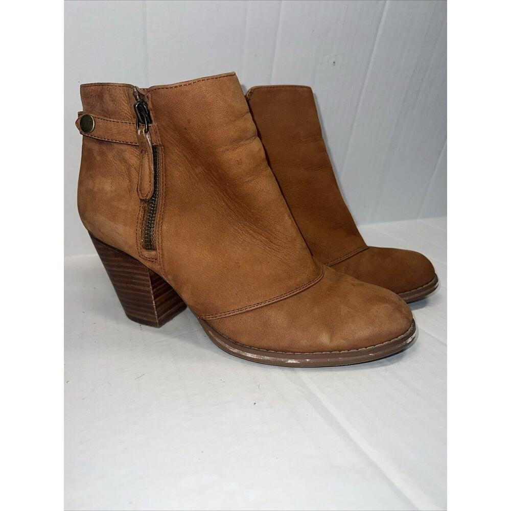 Gianni Bini Womens Tan Leather Ankle Boots Stacked Block Heel Side Zip Booties‎